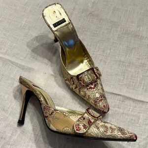 Vintage Casadei Gold Brocade Mules with Ruby Rhinestone Buckles